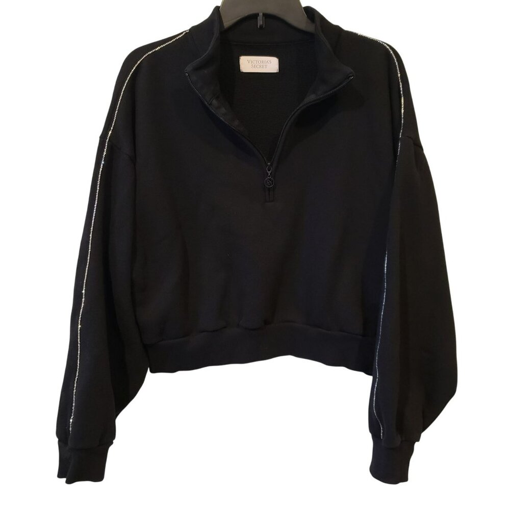 Victoria's Secret Black 1/4 Zip Rhinestone Stripe Cropped Pullover Sweatshirt